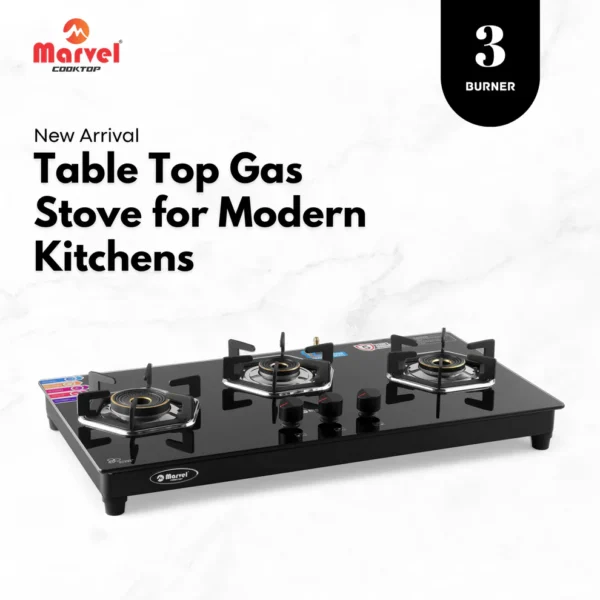 Cooktop Marvel – 3 Burner Hob Top Glass Gas Stove | Black Glass, Hexa Pan Support | 6G Brass Burner, Manual Ignition, LPG Compatible (ELECTRO – 3703)