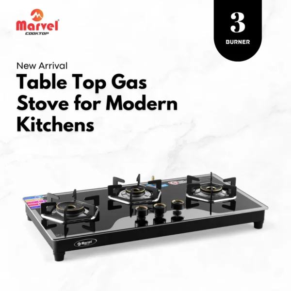 Cooktop Marvel – 3 Burner Hob Top Glass Gas Stove | Elite Mirror Glass, Hexa Pan Support | Brass Burner, Manual Ignition, LPG Compatible (OMEGA – 3702)