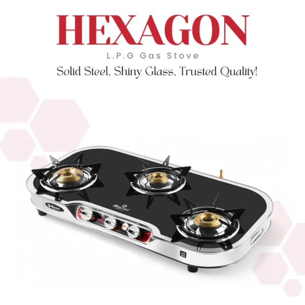 Cooktop Marvel – 3 Burner Side Mirror Glass LPG Stove with Silver SS Frame, Plus Body Frame – HEXAGON (3606) Sale priceRs. 5,990.00