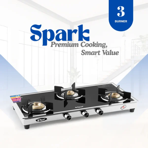 Cooktop Marvel – 3 Burner Side Mirror Glass Gas Stove with Stainless Steel Frame, Round Drip Tray, Brass Burner (SPARK RO)