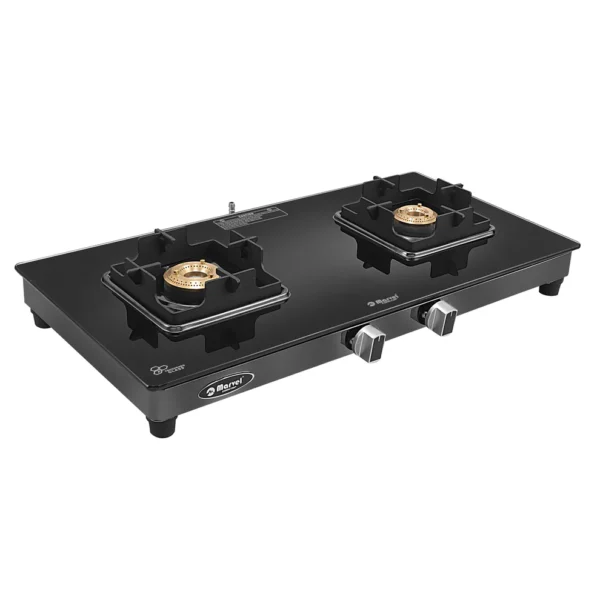 Cooktop Marvel – 2 Burner Crystal Black Glass Gas Stove with Black SS Mirror Finish Frame, Square Pan Support, Brass Top (DOOM - 2502)