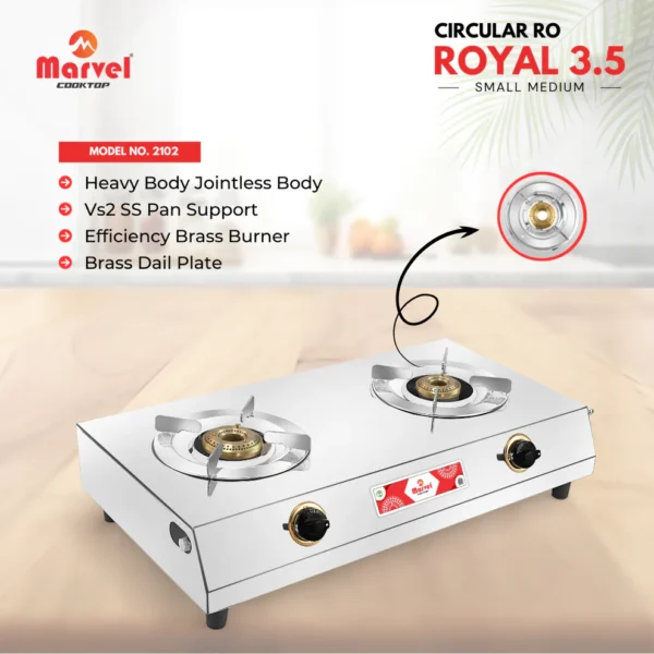 Cooktop Marvel - 2 Burner Royal VS2 Stainless Steel Gas Stove, Jointless Body, SS Round Pan Support, Brass Dial Plate, Brass Top (CIRCULAR RO - 2102)