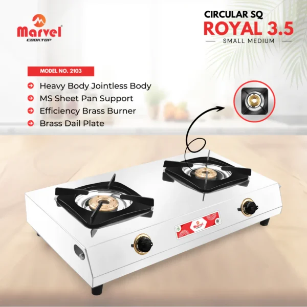Cooktop Marvel - 2 Burner Royal Stainless Steel Gas Stove, Jointless Body, Square Sheet Pan Support, Brass Dial Plate, Brass Top (CIRCULAR SQ - 2103)