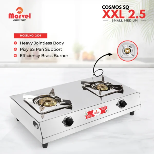 Cooktop Marvel - 2 Burner XXL Pixy Stainless Steel Gas Stove, Jointless Body, SS Square Pan Support, Brass Top (COSMOS SQ - 2104)