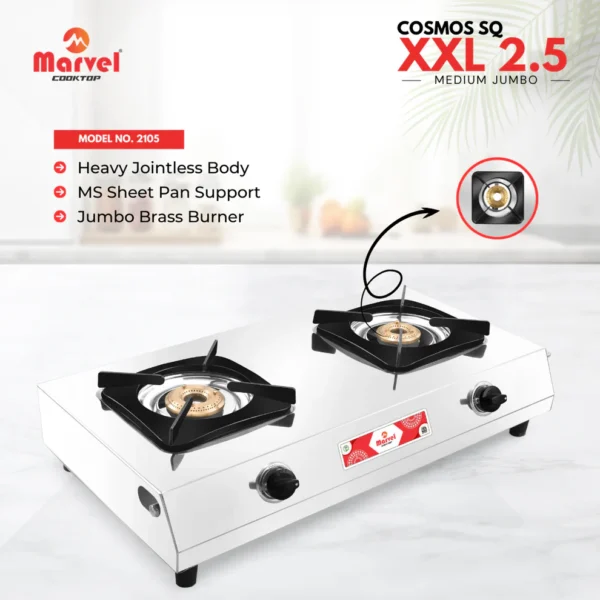 Cooktop Marvel - 2 Burner XXL Stainless Steel Gas Stove, Jointless Body, Square Sheet Pan Support, Jumbo Brass Top (COSMOS SQ - 2105)