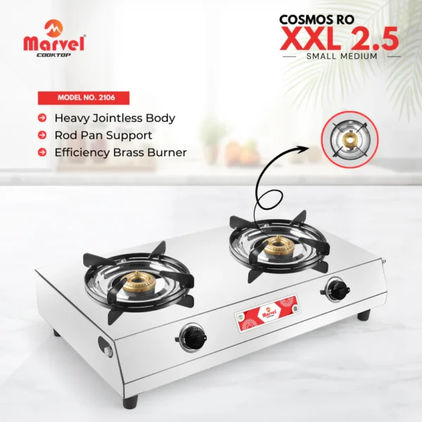 Cooktop Marvel - 2 Burner XXL Stainless Steel Gas Stove, Jointless Body, Rod Pan Support, Brass Top (COSMOS RO - 2106)