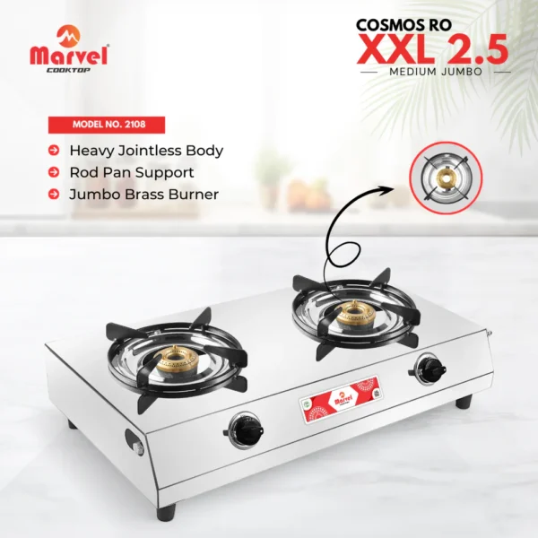 Cooktop Marvel - 2 Burner XXL Stainless Steel Gas Stove, Jointless Body, Rod Pan Support, Jumbo Brass Top (COSMOS RO - 2108)