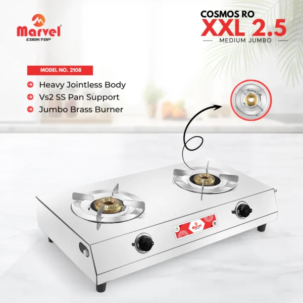 Cooktop Marvel - 2 Burner XXL VS2 Stainless Steel Gas Stove, Jointless Body, SS Round Pan Support, Jumbo Brass Top (COSMOS RO - 2108)