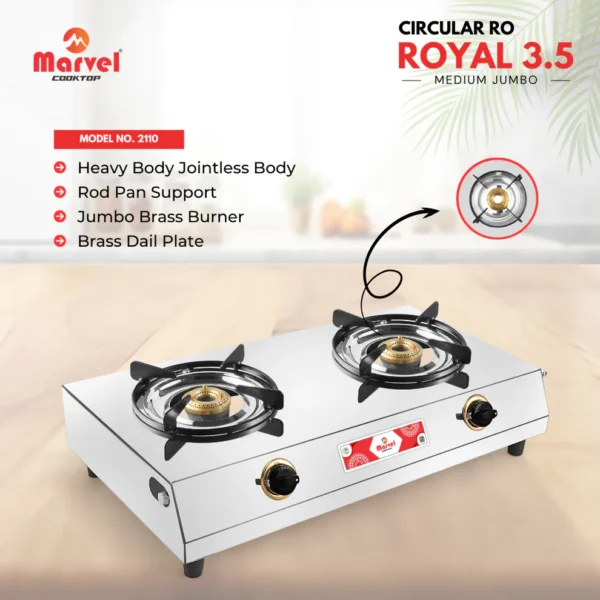 Cooktop Marvel - 2 Burner Royal Stainless Steel Gas Stove, Jointless Body, Rod Pan Support, Brass Dial Plate, Jumbo Brass Top (CIRCULAR RO - 2110)