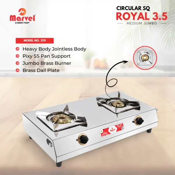 Cooktop Marvel - 2 Burner Royal Pixy Stainless Steel Gas Stove, Jointless Body, SS Square Pan Support, Brass Dial Plate, Jumbo Brass Top (CIRCULAR SQ - 2111)