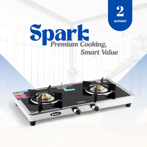 Cooktop Marvel – 2 Burner Side Mirror Glass Gas Stove with Stainless Steel Frame, Round Drip Tray, Brass Burner (SPARK RO)