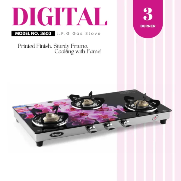 Cooktop Marvel – 3 Burner Digital Glass LPG Stove with SS Frame, Bandi, Jumbo Burner Top – (MERCURY SS – 3603)