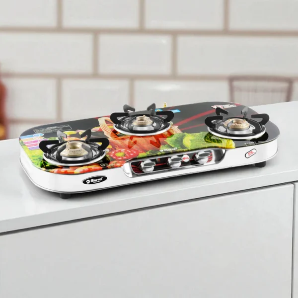 Cooktop Marvel – 3 Burner Crystal Digital Glass LPG Stove with Silver SS Frame, Plus Body Frame – HEXAGON DIGITAL (3605)