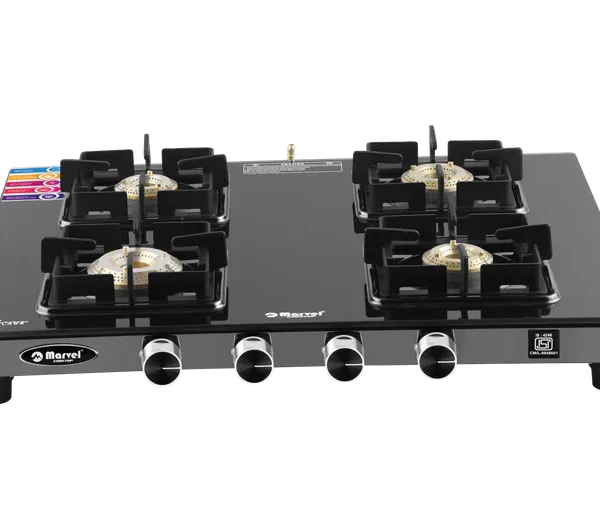Cooktop Marvel – 4 Burner Premium Gas Stove | Crystal Black Glass, Black SS Mirror Frame, Square Pan Support | Brass Top, Manual Ignition, LPG Compatible (DOOM – 4502)