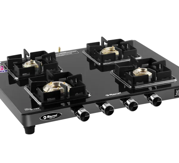 Cooktop Marvel – 4 Burner Premium Gas Stove | Crystal Black Glass, Black SS Mirror Frame, Square Pan Support | Brass Top, Manual Ignition, LPG Compatible (DOOM – 4502)