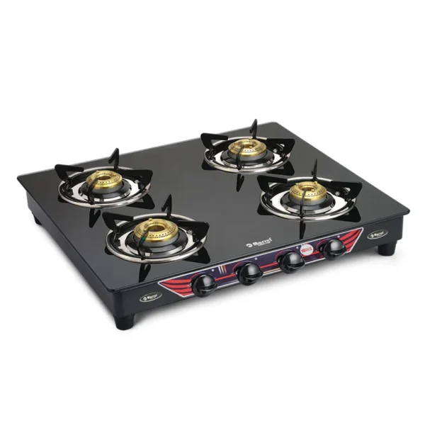 Cooktop Marvel – 4 Burner Gas Stove | Crystal Black Glass, MS Frame | Jumbo Brass Burner | Manual Ignition, LPG Compatible (PHASTOS MS – 4404)