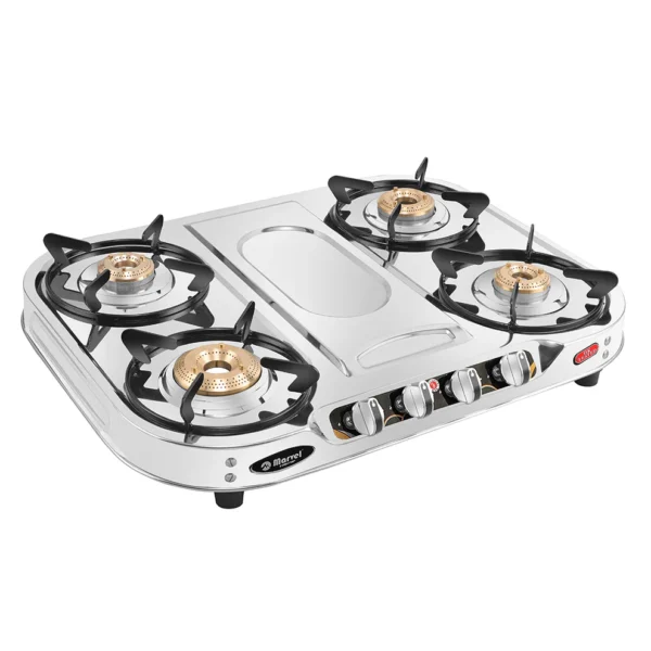 Cooktop Marvel – 4 Burner Plus Glain Stainless Steel LPG Gas Stove | Jumbo Brass Burner | Manual Ignition (TYPHON – 4201)