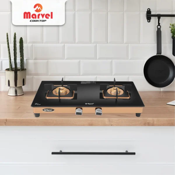 Cooktop Marvel – 2 Burner Crystal Black Glass Gas Stove with Rose Gold SS Mirror Finish Frame, Square Pan Support, Brass Top (DOOM - 2502)
