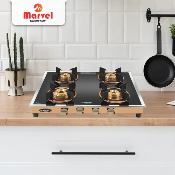 Cooktop Marvel – 4 Burner Premium Glass Gas Stove | Side Mirror Glass, Rose Gold SS Mirror Frame, Round Pan Support | Brass Top, Manual Ignition, LPG Compatible (WEGO – 4501)