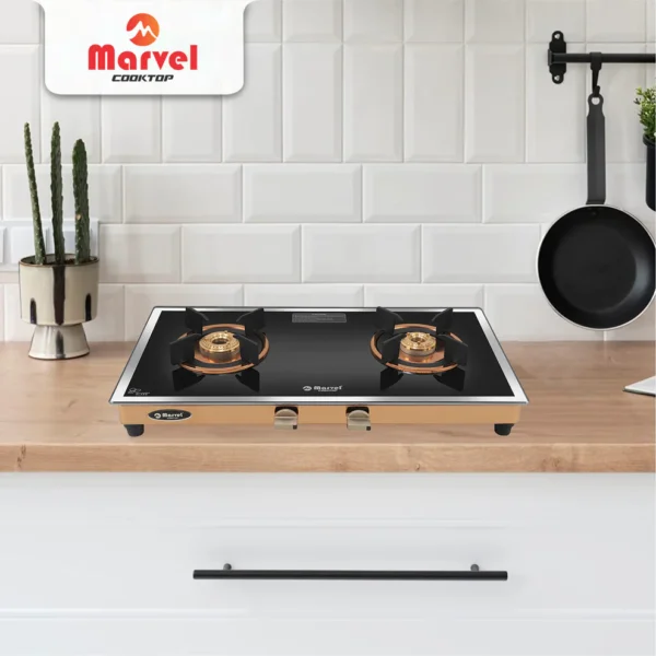 Cooktop Marvel – 2 Burner Side Mirror Glass Gas Stove with Rose Gold SS Mirror Finish Frame, Round Pan Support, Brass Top (WEGO - 2501)